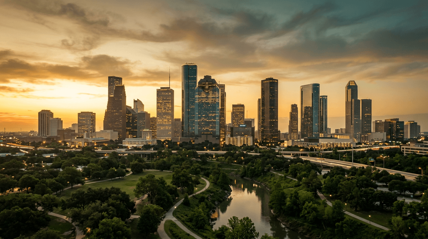 Houston skyline at golden hour, representing the metro real estate market behind the community